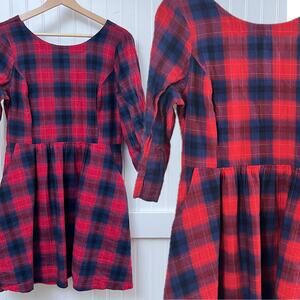 HYFVE Women's Large Red Navy Plaid Tartan Cotton Mini Dress Pockets Scoop Neck